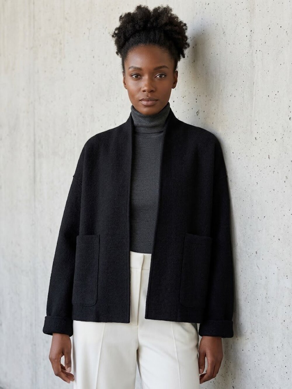 NWT Eileen Fisher High Collar Jacket in Black Boiled Wool Open Front Wide Boxy S